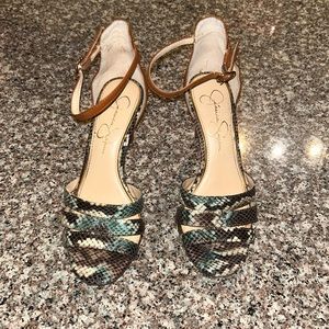 Jessica Simpson brown leather with blue, black & green snakeskin strap heels!